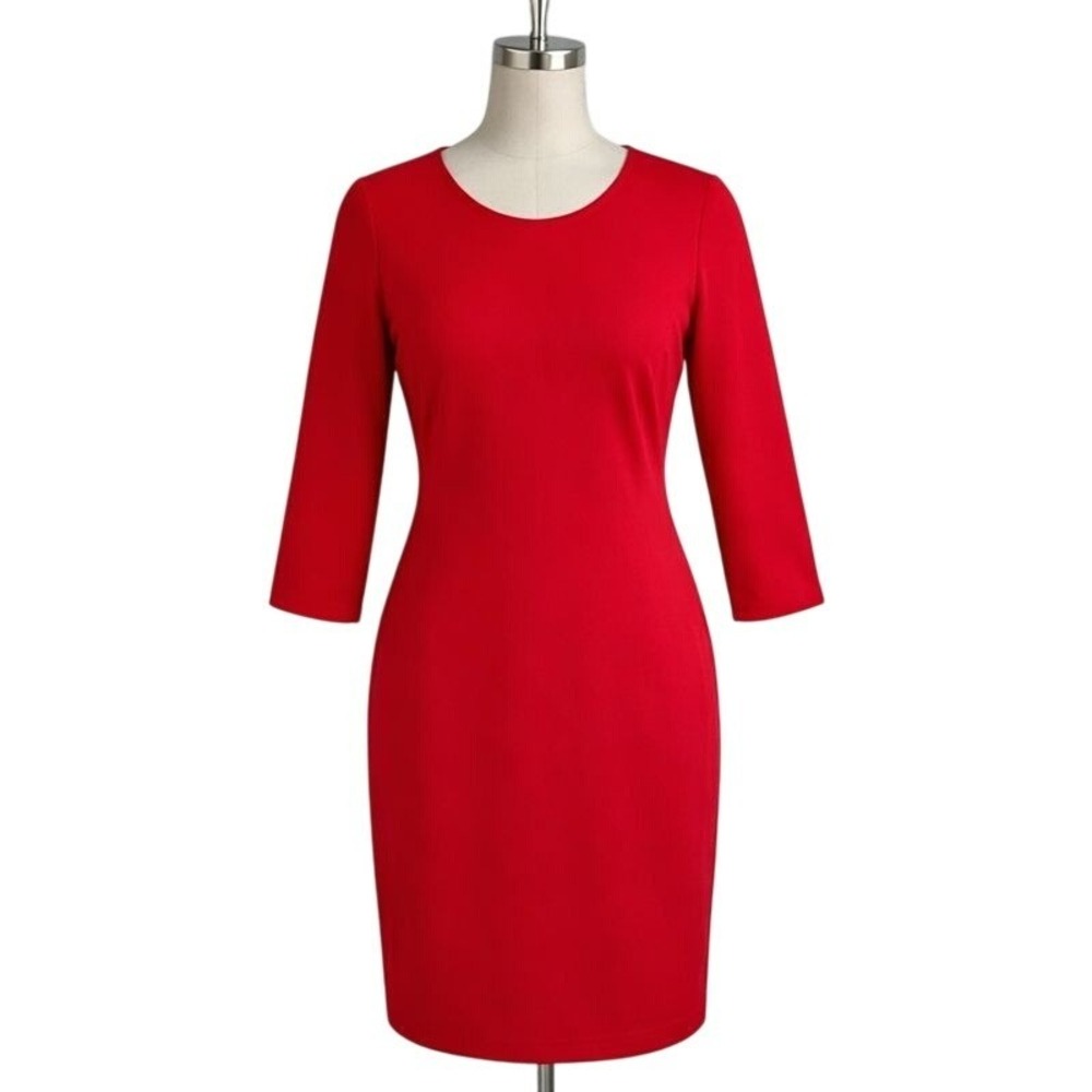 Ann Taylor Womens 10 Red Knit Jersey Sheath Dress 3/4 Sleeve Workwear Classic